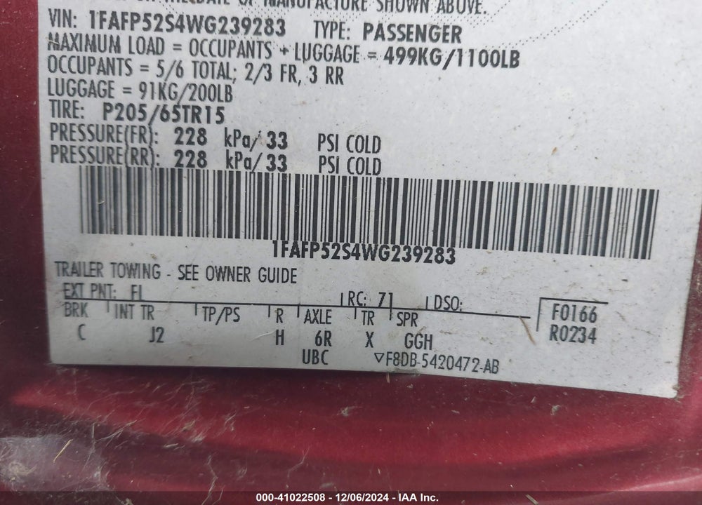 1998 FORD TAURUS LX/SE VIN: 1FAFP52S4WG239283
