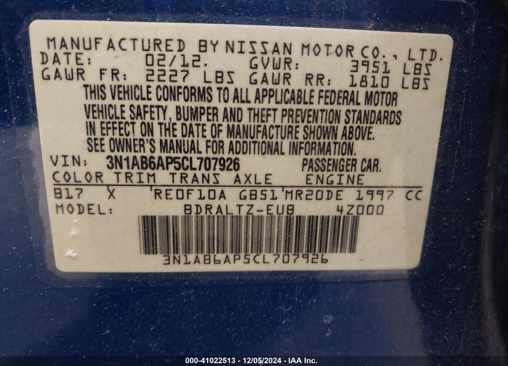 2012 NISSAN SENTRA VIN: 3N1AB6AP5CL707926