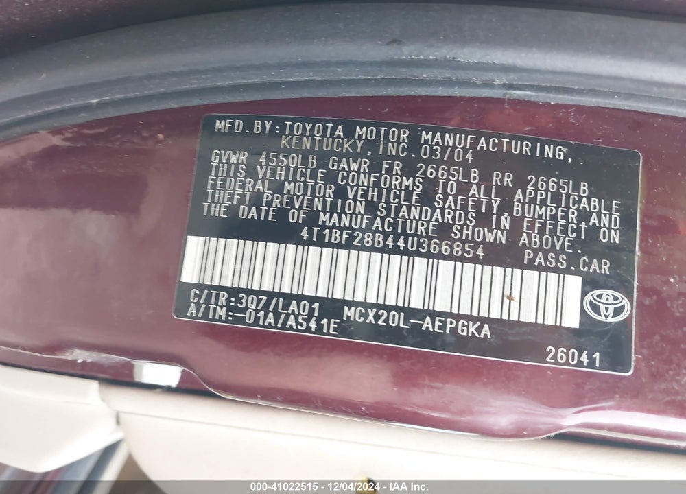 2004 TOYOTA AVALON XLS VIN: 4T1BF28B44U366854