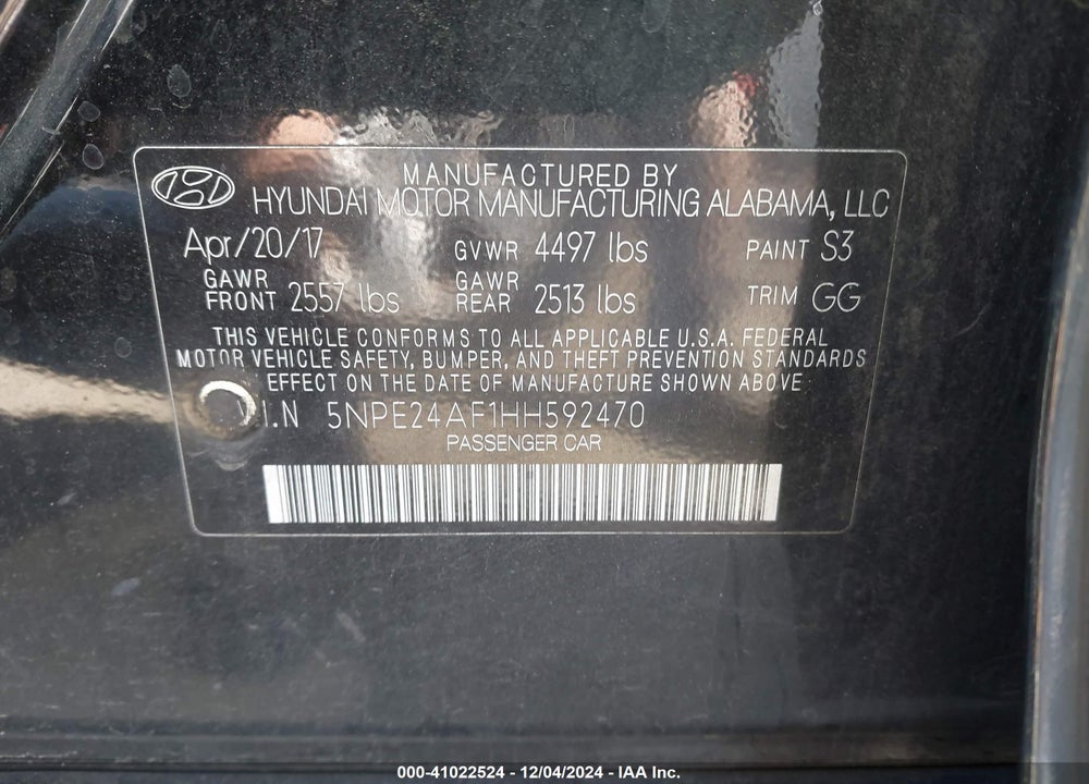 2017 HYUNDAI SONATA SE VIN: 5NPE24AF1HH592470