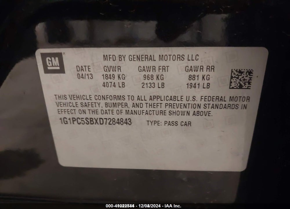 2013 CHEVROLET CRUZE VIN: 1G1PC5SBXD7284843
