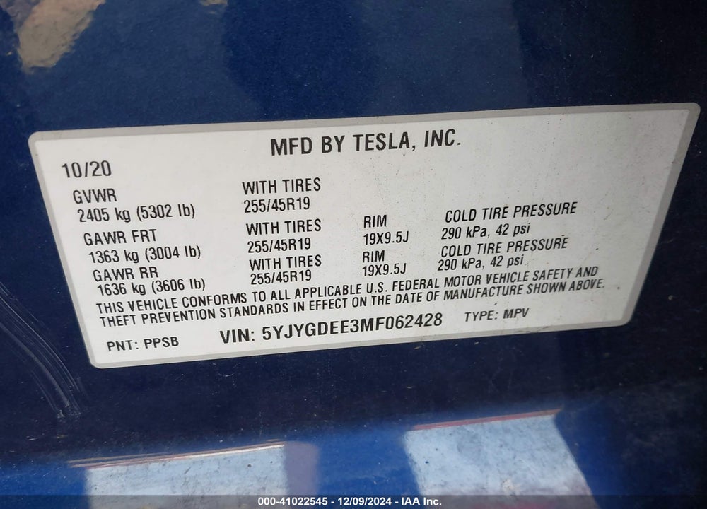 2021 TESLA MODEL Y LONG RANGE DUAL MOTOR ALL-WHEEL DRIVE VIN: 5YJYGDEE3MF062428