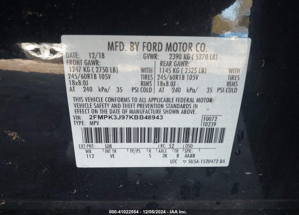2019 FORD EDGE SEL VIN: 2FMPK3J97KBB48943