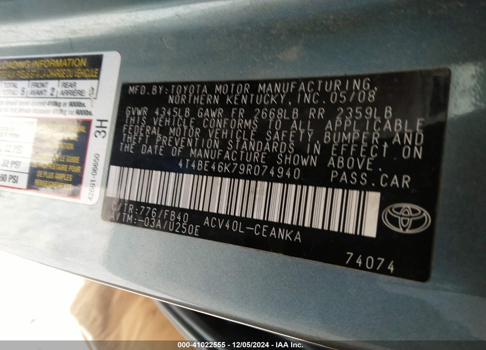 2009 TOYOTA CAMRY LE VIN: 4T4BE46K79R074940