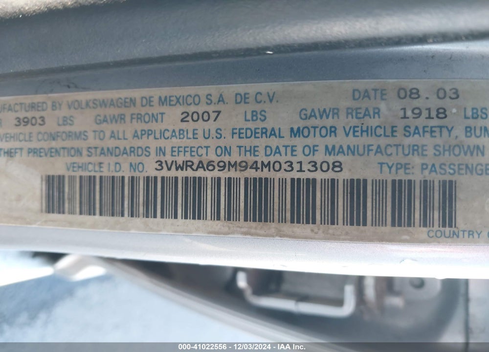 2004 VOLKSWAGEN JETTA GL VIN: 3VWRA69M94M031308
