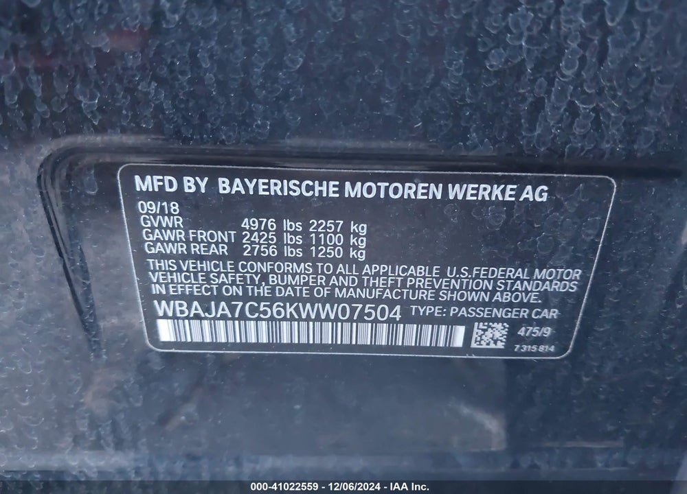 2019 BMW 530I XDRIVE VIN: WBAJA7C56KWW07504