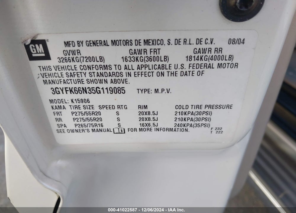 2005 CADILLAC ESCALADE ESV PLATINUM EDITION VIN: 3GYFK66N35G119085