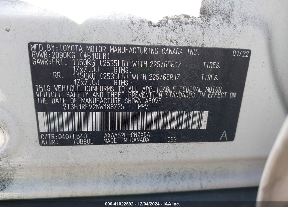 2022 TOYOTA RAV4 LE VIN: 2T3H1RFV2NW188725