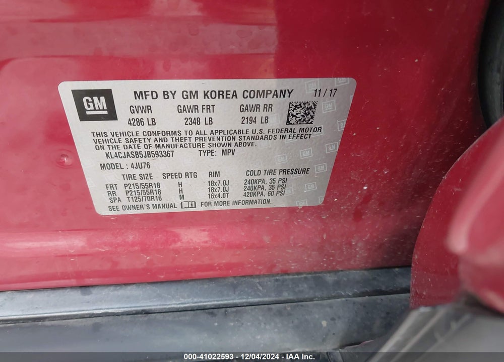 2018 BUICK ENCORE PREFERRED VIN: KL4CJASB5JB593367