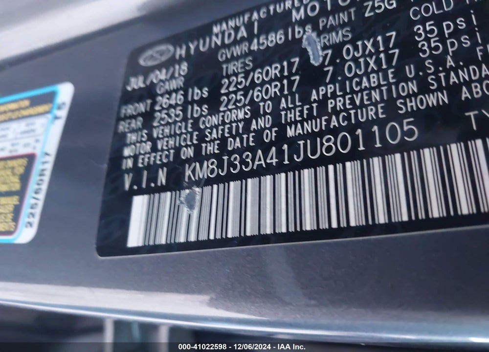2018 HYUNDAI TUCSON SEL VIN: KM8J33A41JU801105