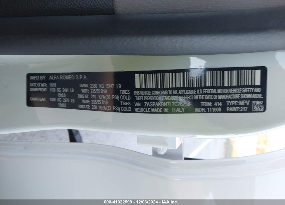 2020 ALFA ROMEO STELVIO TI AWD VIN: ZASPAKBN7L7C76758