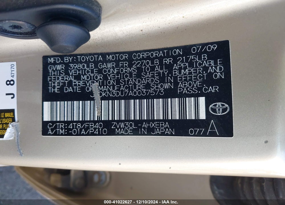2010 TOYOTA PRIUS I/II/III/IV/V VIN: JTDKN3DU7A0037573