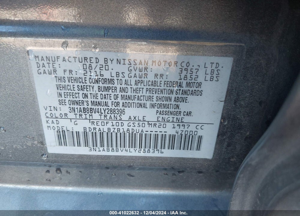 2020 NISSAN SENTRA S XTRONIC CVT VIN: 3N1AB8BV4LY288396