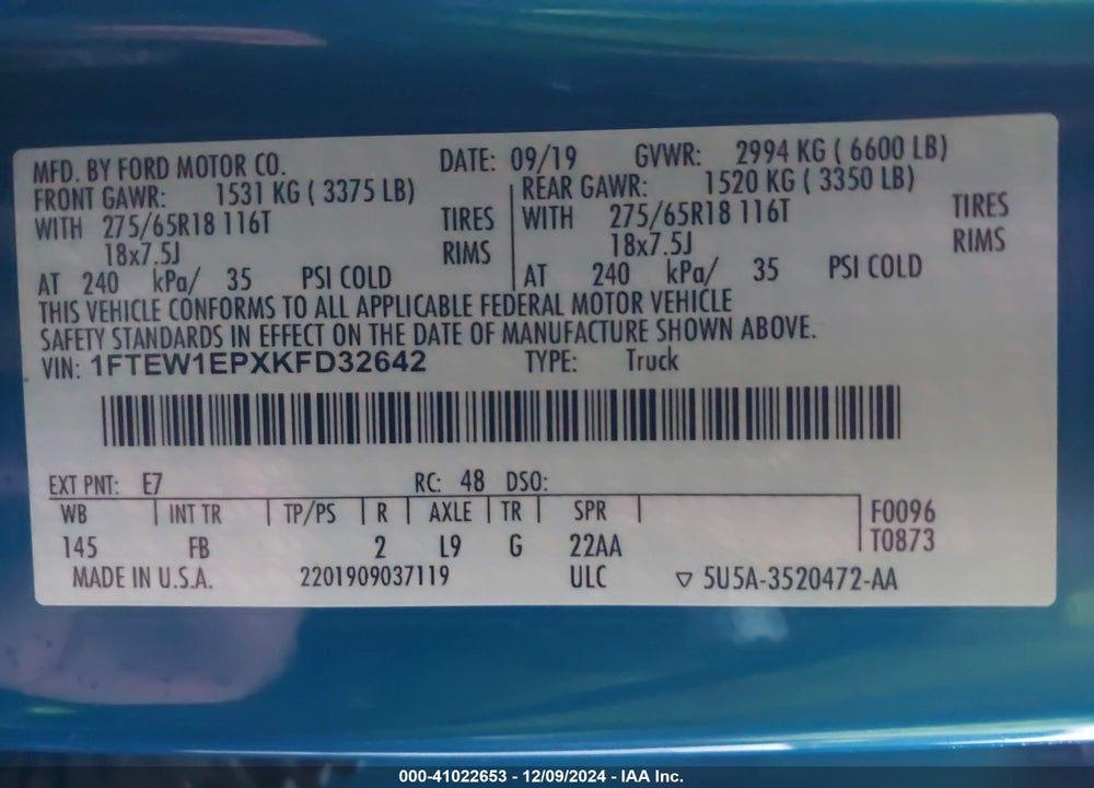2019 FORD F-150 VIN: 1FTEW1EPXKFD32642