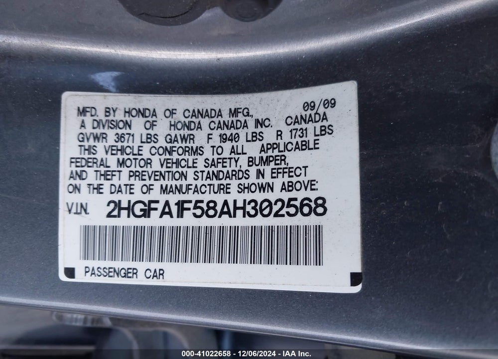 2010 HONDA CIVIC LX VIN: 2HGFA1F58AH302568