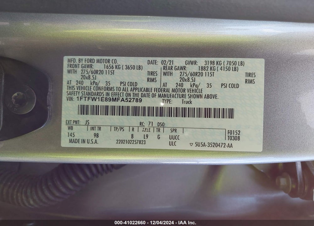 2021 FORD F-150 VIN: 1FTFW1E89MFA52789