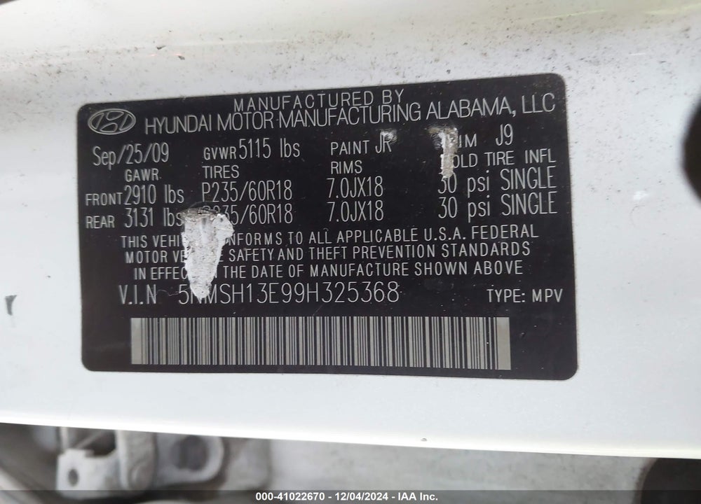2009 HYUNDAI SANTA FE SE VIN: 5NMSH13E99H325368