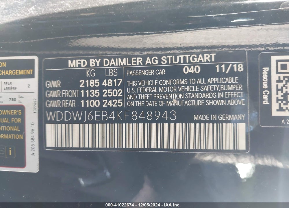 2019 MERCEDES-BENZ AMG C 43 4MATIC VIN: WDDWJ6EB4KF848943