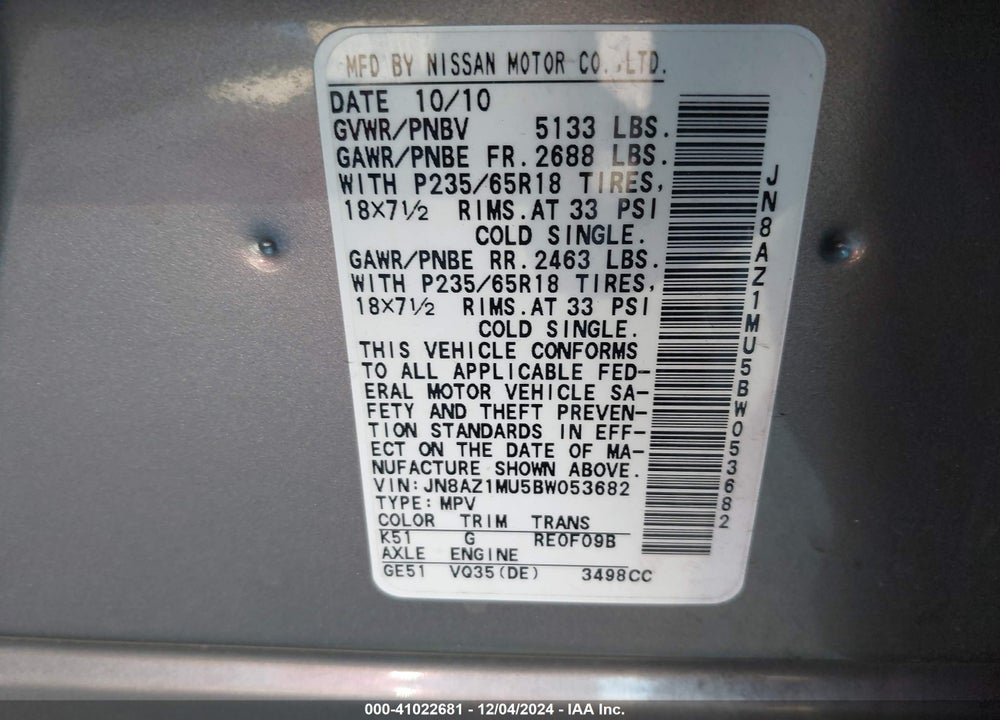 2011 NISSAN MURANO SL VIN: JN8AZ1MU5BW053682