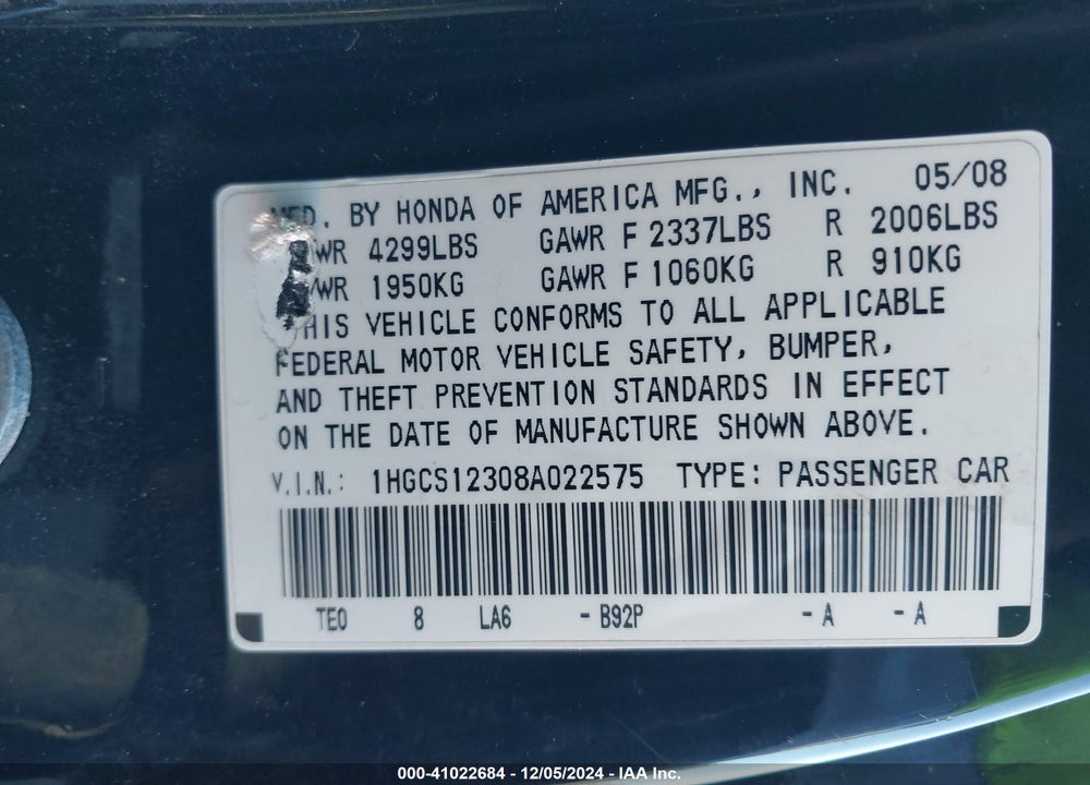 2008 HONDA ACCORD 2.4 LX-S VIN: 1HGCS12308A022575