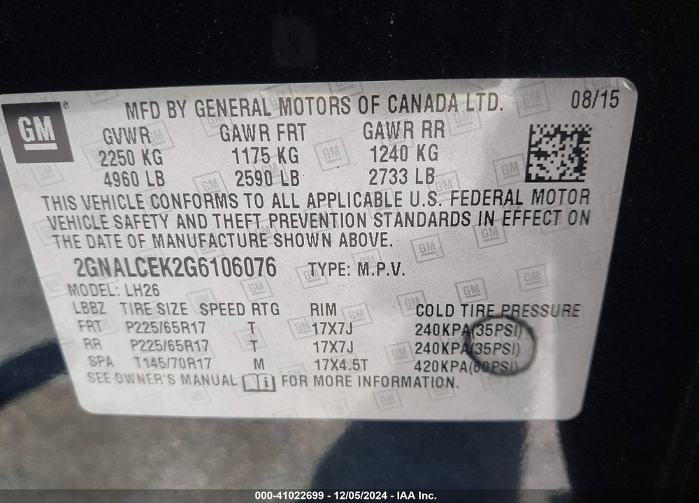 2016 CHEVROLET EQUINOX LT VIN: 2GNALCEK2G6106076