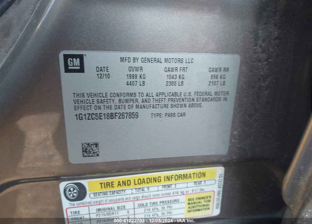 2011 CHEVROLET MALIBU 1LT VIN: 1G1ZC5E18BF267859