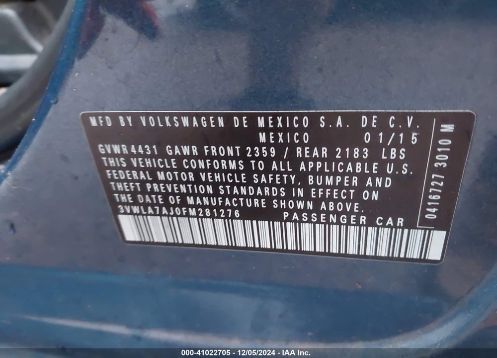 2015 VOLKSWAGEN JETTA 2.0L TDI S VIN: 3VWLA7AJ0FM281276