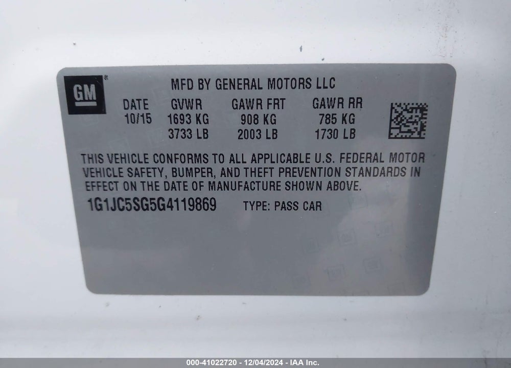 2016 CHEVROLET SONIC VIN: 1G1JC5SG5G4119869