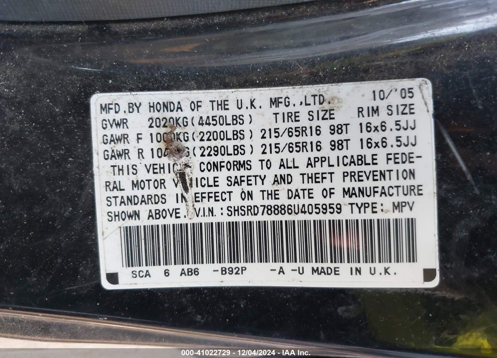 2006 HONDA CR-V EX VIN: SHSRD78886U405959