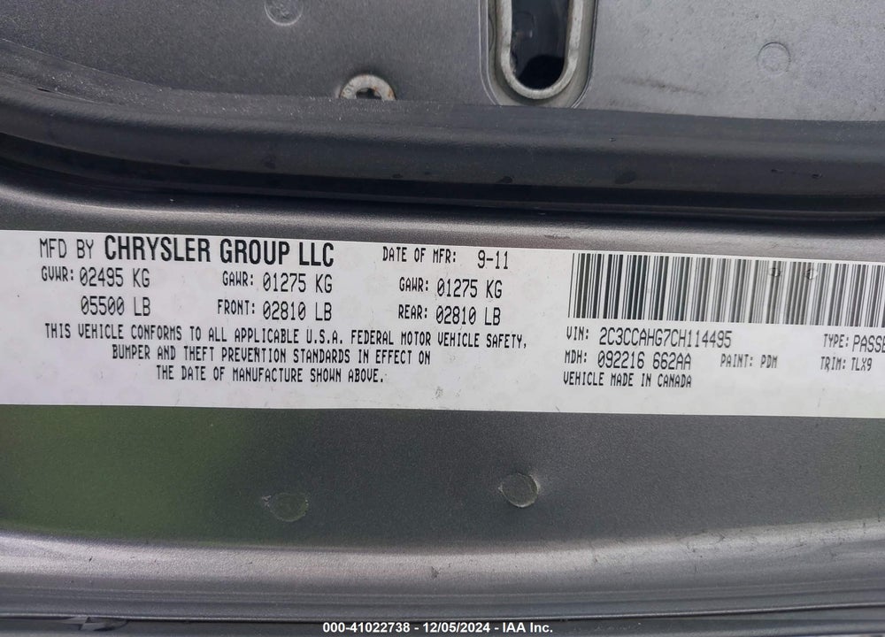 2012 CHRYSLER 300 LIMITED VIN: 2C3CCAHG7CH114495