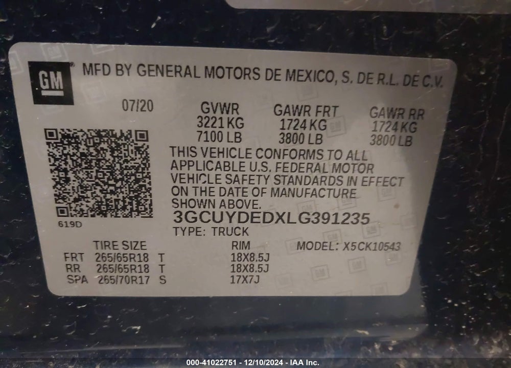 2020 CHEVROLET SILVERADO VIN: 3GCUYDEDXLG391235