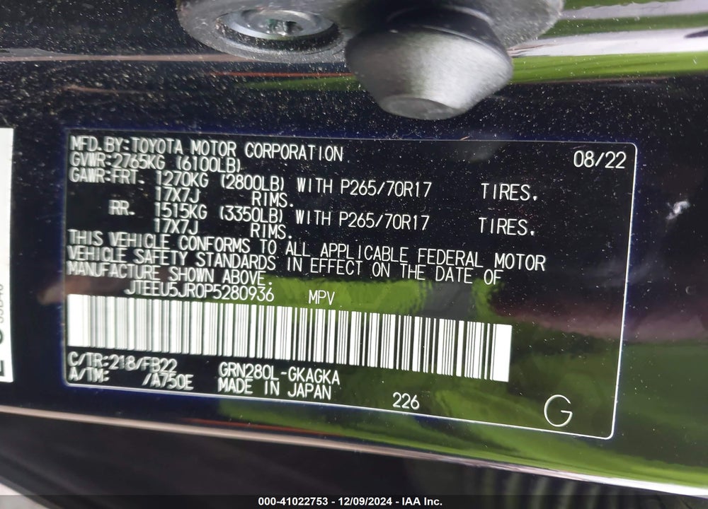 2023 TOYOTA 4RUNNER SR5 VIN: JTEEU5JR0P5280936