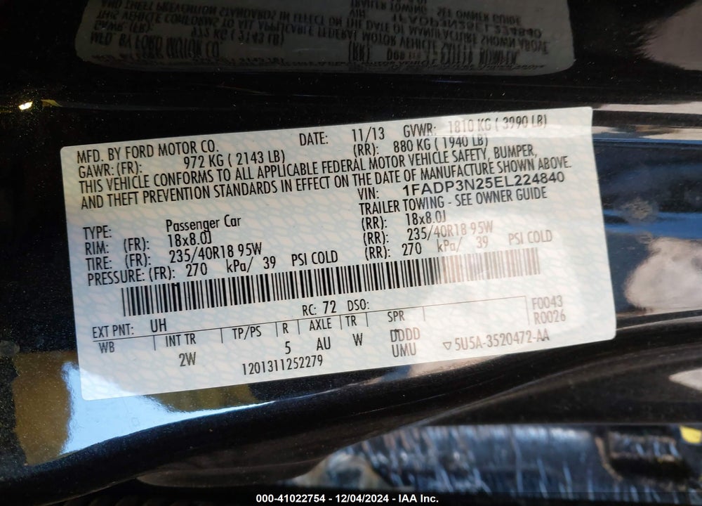 2014 FORD FOCUS TITANIUM VIN: 1FADP3N25EL224840