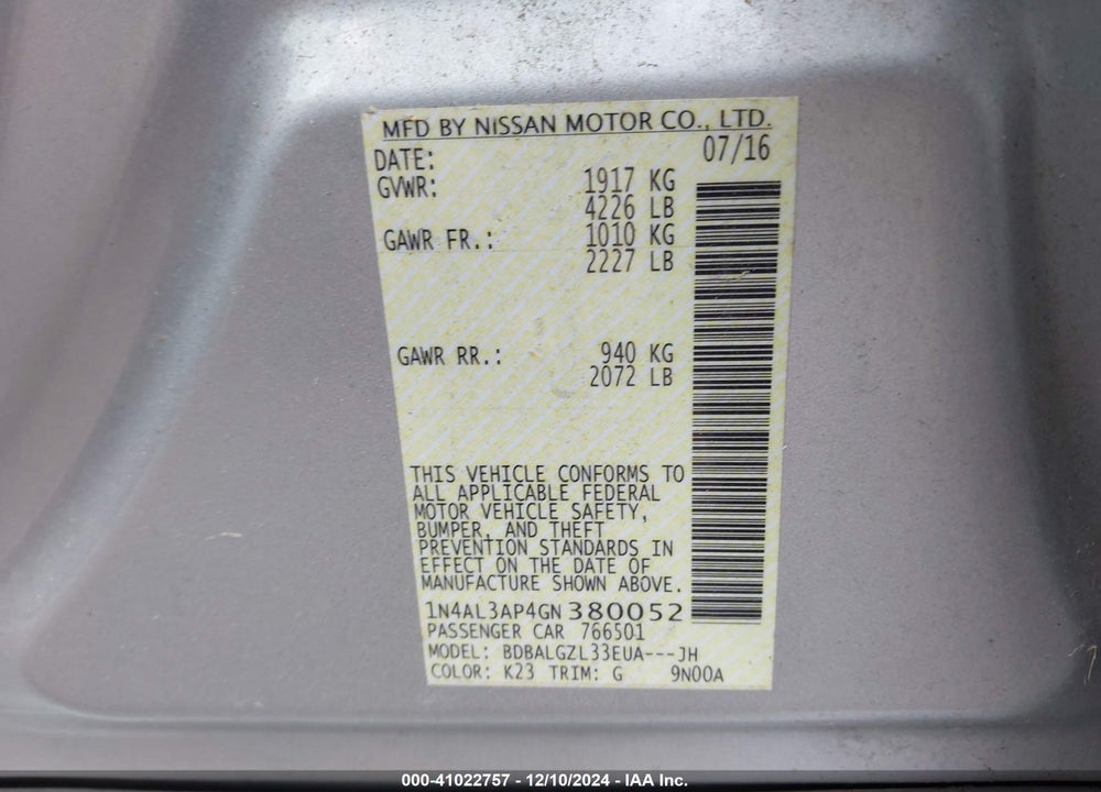 2016 NISSAN ALTIMA 2.5 S VIN: 1N4AL3AP4GN380052