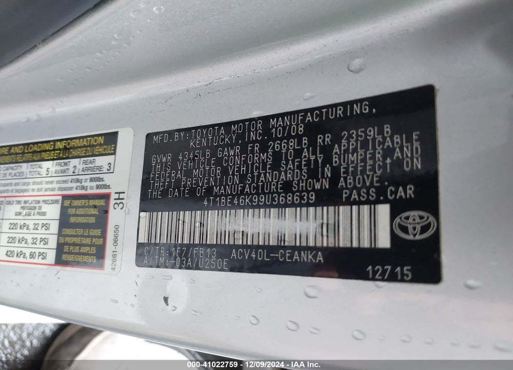 2009 TOYOTA CAMRY LE VIN: 4T1BE46K99U368639