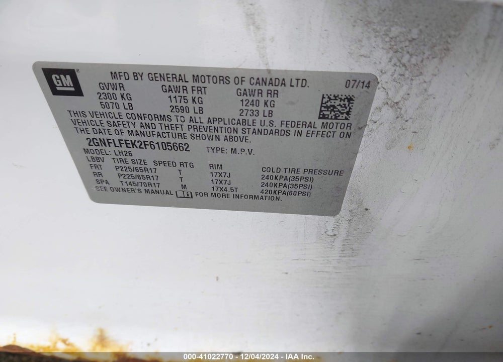 2015 CHEVROLET EQUINOX 1LT VIN: 2GNFLFEK2F6105662
