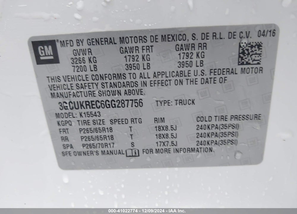 2016 CHEVROLET SILVERADO 1500 2LT VIN: 3GCUKREC6GG287756