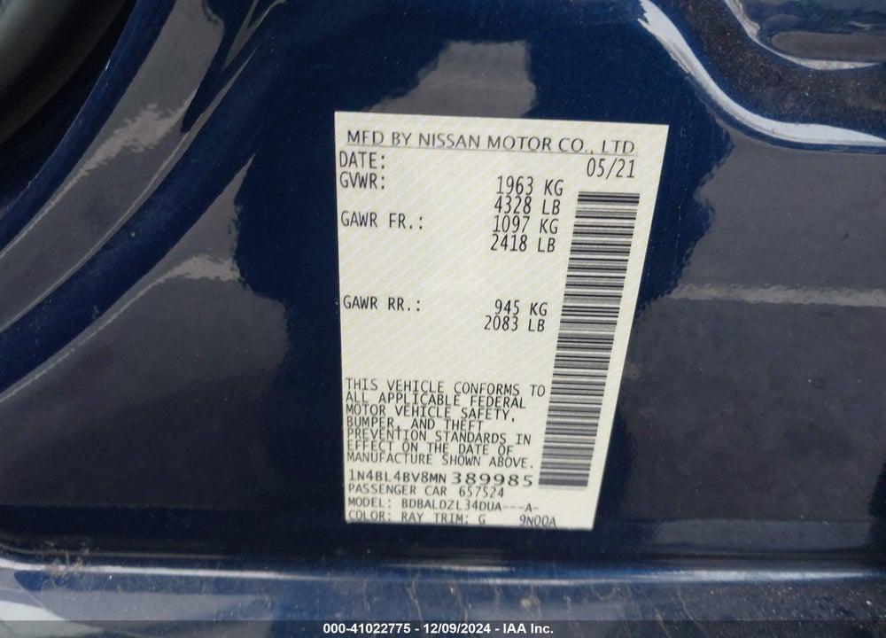 2021 NISSAN ALTIMA S FWD VIN: 1N4BL4BV8MN389985