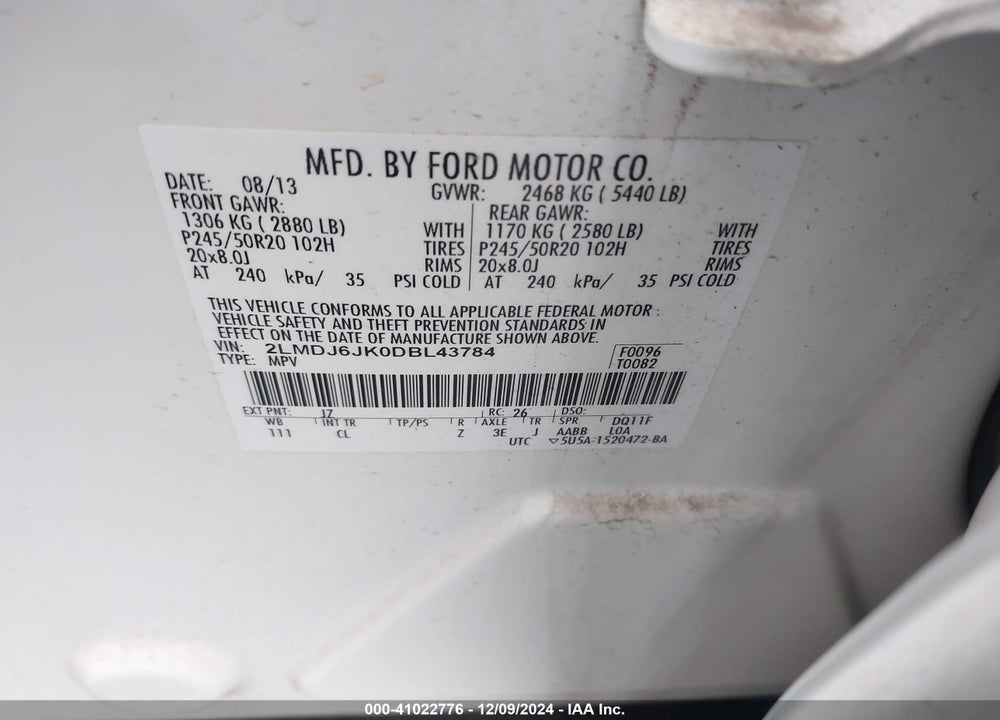 2013 LINCOLN MKX VIN: 2LMDJ6JK0DBL43784