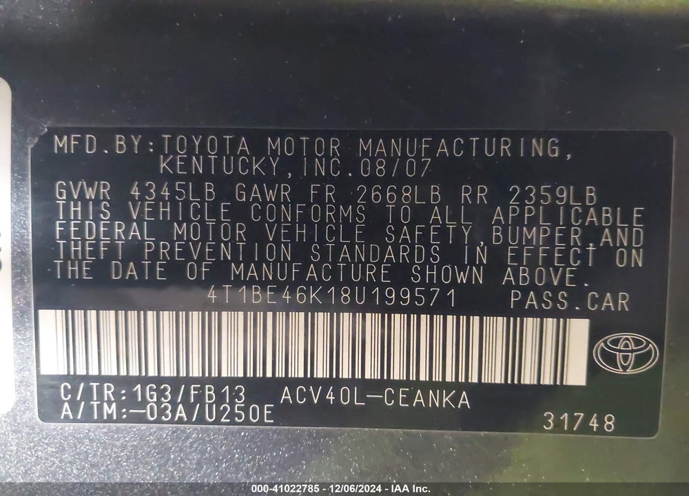 2008 TOYOTA CAMRY VIN: 4T1BE46K18U199571