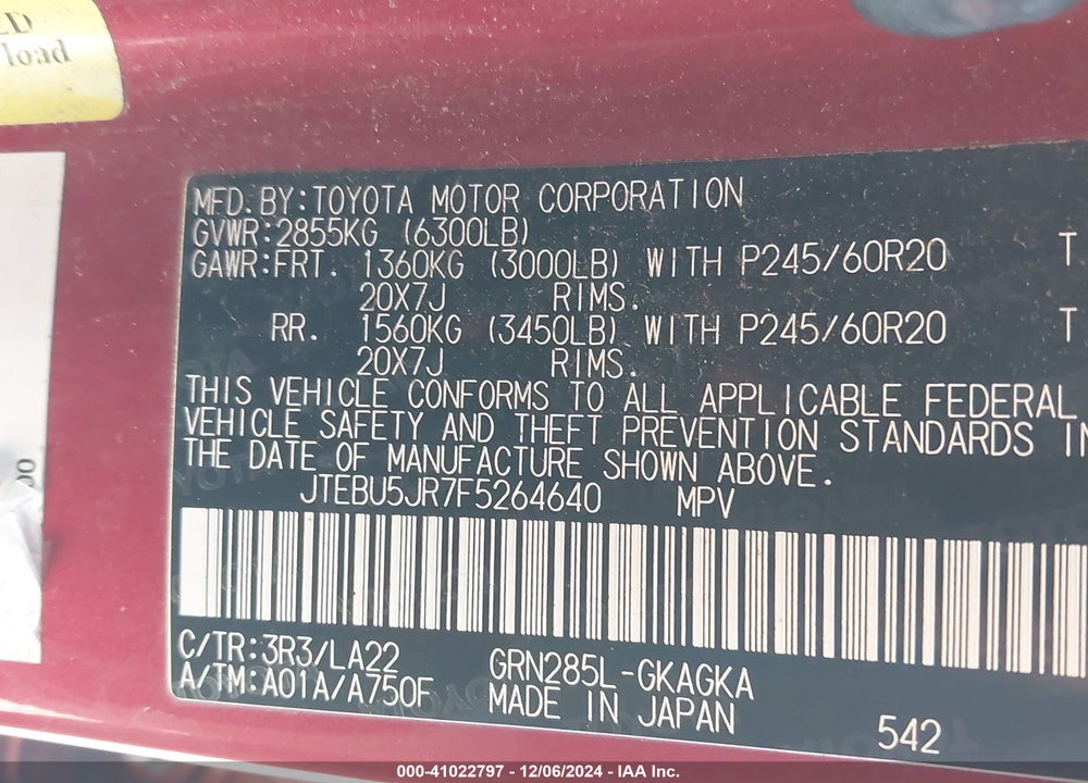 2015 TOYOTA 4RUNNER VIN: JTEBU5JR7F5264640