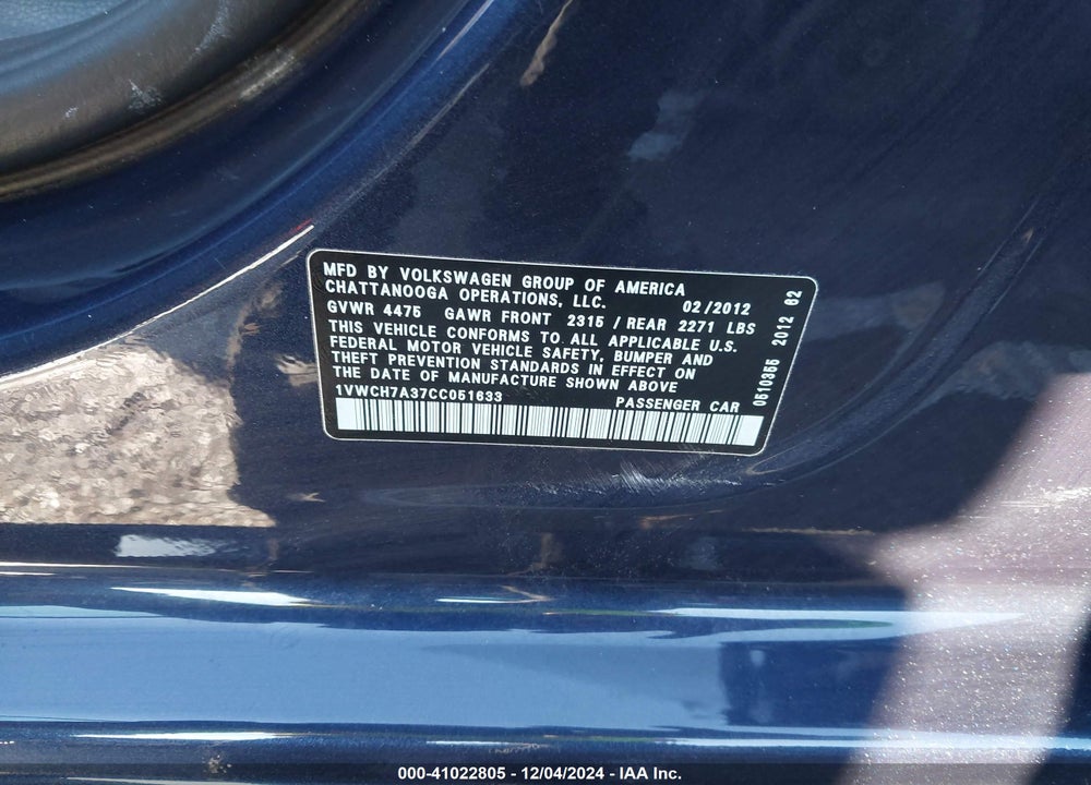 2012 VOLKSWAGEN PASSAT 2.5L SEL VIN: 1VWCH7A37CC051633