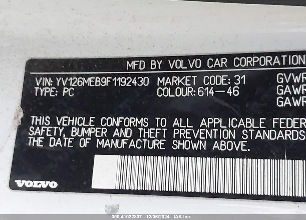 2015 VOLVO V60 T5 PREMIER VIN: YV126MEB9F1192430