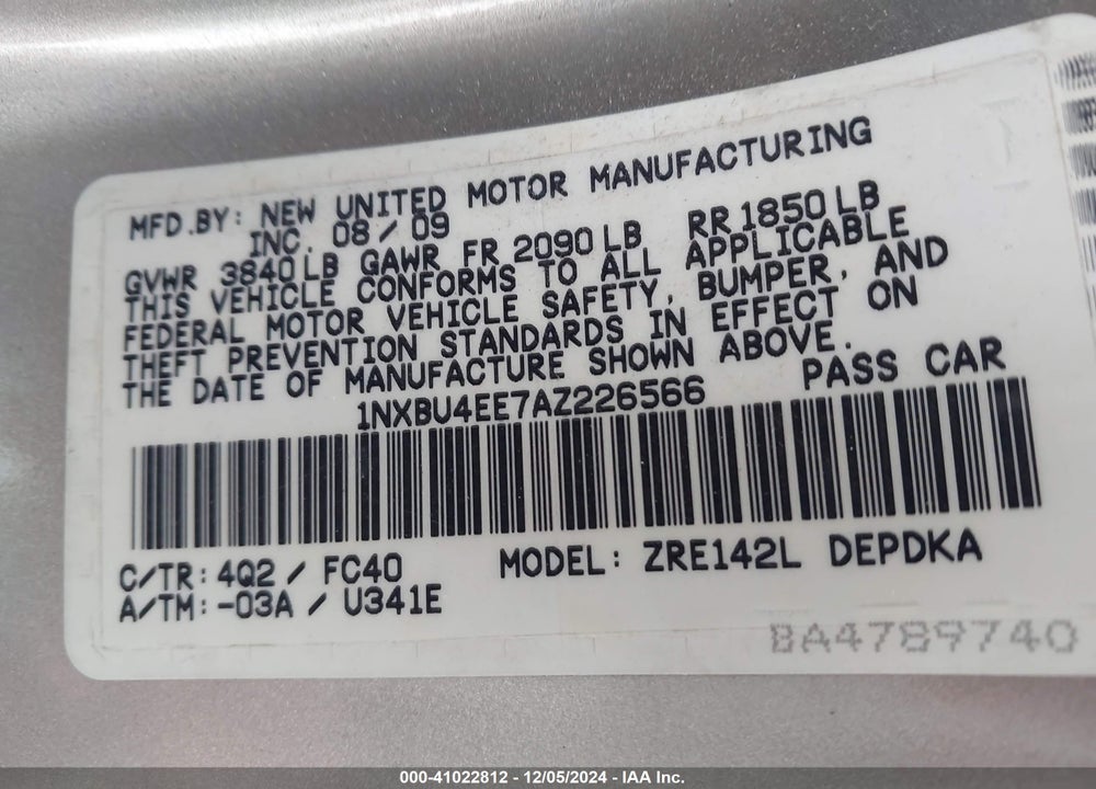 2010 TOYOTA COROLLA LE VIN: 1NXBU4EE7AZ226566
