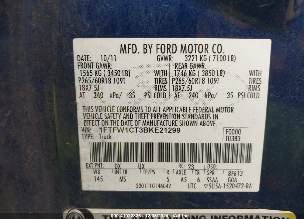 2011 FORD F-150 XLT VIN: 1FTFW1CT3BKE21299