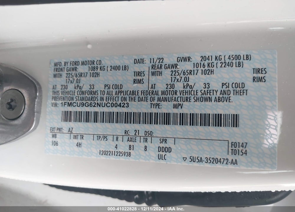 2022 FORD ESCAPE VIN: 1FMCU9G62NUC00423