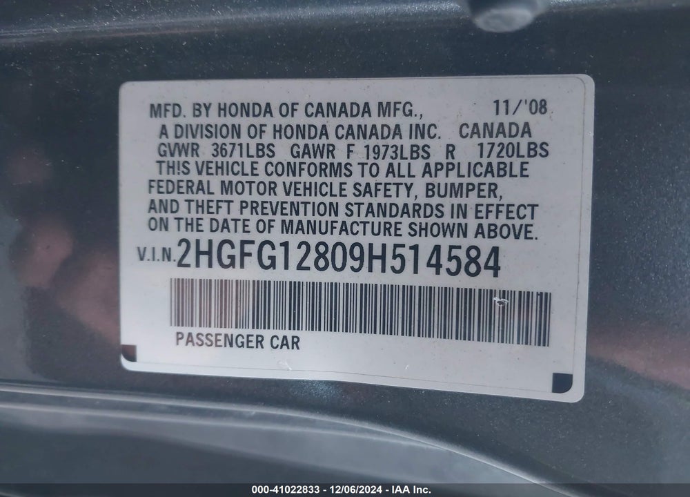 2009 HONDA CIVIC EX VIN: 2HGFG12809H514584