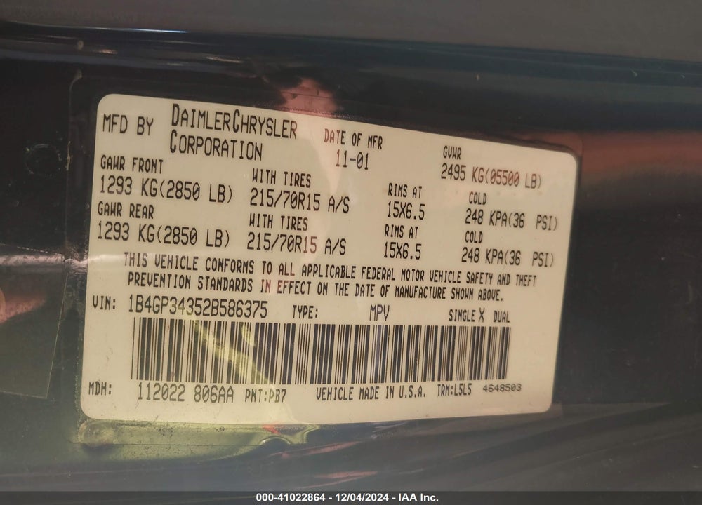 2002 DODGE GRAND CARAVAN EL VIN: 1B4GP34352B586375