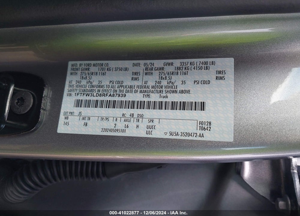 2024 FORD F-150 VIN: 1FTFW3LD8RFA87939