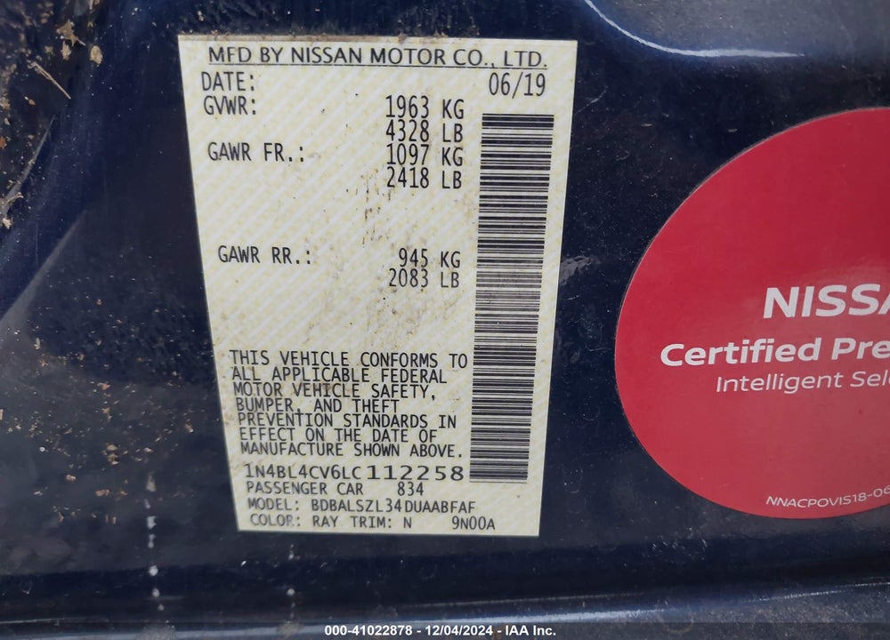 2020 NISSAN ALTIMA VIN: 1N4BL4CV6LC112258
